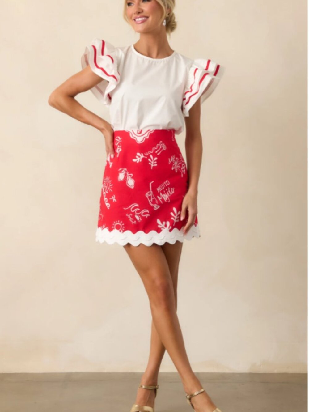 Prosperina Salome Red Mojito Print Scallop Mini Skirt Linen Medium NWT - Picture 5 of 10